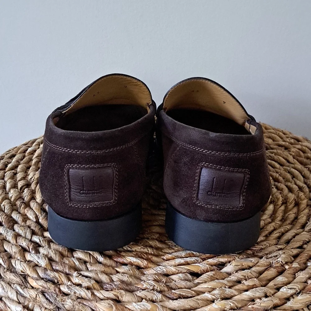 Dunhill Mens Luxury Brown‎ Suede Penny Loafers Black Rubber Soles EU43/US9